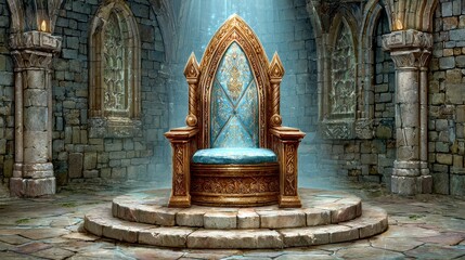 Ornate Gold Throne in a Dimly Lit Stone Chamber