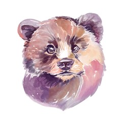 Cute watercolor bear cub head with soft fur, round ears and gentle expression, hand-painted nursery animal portrait, perfect for baby prints, woodland decor, kids room design, isolated on white