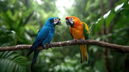 Obraz premium Hyacinth Macaw & Sun Conure Parrots in Jungle