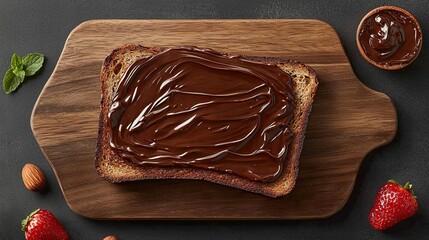 Chocolate spread on toasted bread.  Fresh fruit and nuts complement the decadent treat