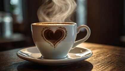 Fototapeta premium Steaming Coffee Cup with Heart Design, Hot Coffee with Heart in Crema, Romantic Coffee Cup on Wooden Table, I Love Coffee: Steaming Cup with Heart Art, Cozy Coffee Moment