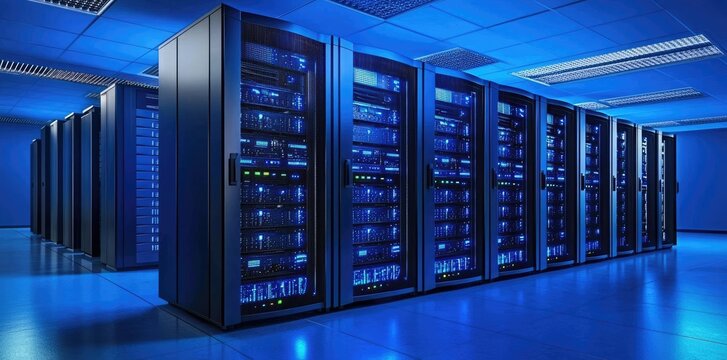 Clean and secure server room with tall server cabinets in a climate-controlled environment ideal for data hosting, computing infrastructure, and networking