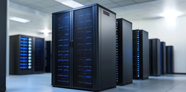 Dark server corridor with blue lights highlighting active networking and storage racks essential for modern cloud systems, business operations, and AI computing