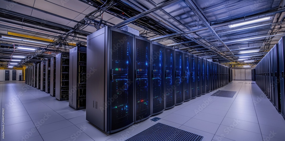 Aufkleber Modern data center with illuminated server racks and structured cabling showcasing advanced network infrastructure and enterprise computing technology