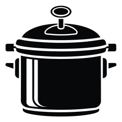 Solid black pressure cooker with handles and an oval knob stands ready
