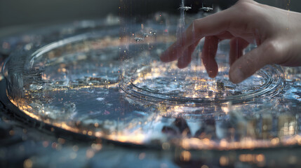 Human touch over futuristic cityscape projection, manipulating light and data flows above urban display