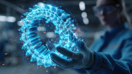 Illuminated gear design held by gloved hands, technology merging with craftsmanship in manufacturing space