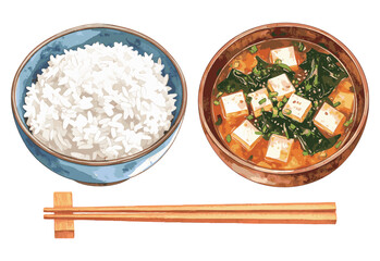 白米とお味噌汁、箸の水彩風イラストセット　生成AI
