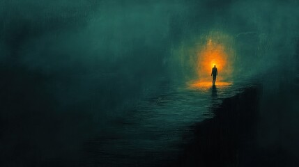 Obraz premium A solitary figure holding a glowing lantern, standing at the edge of a narrow, shadowy path, where the darkness ahead feels thick and oppressive, evoking a sense of fear and suspense