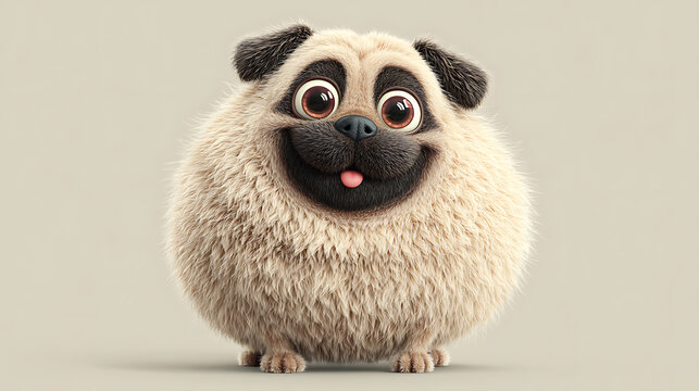 Cute funny pug fluffy cartoon puppy with smiling face with copyspace