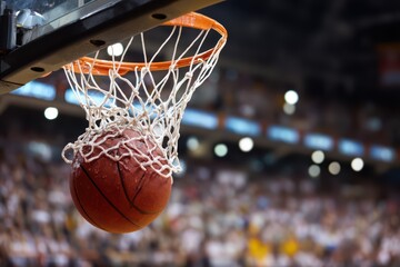 Fototapeta premium Basketball swishing through net in indoor stadium, intense game moment with energetic crowd.