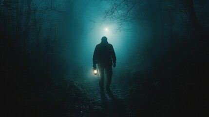 A man with a lantern, standing at the entrance of a dark, overgrown trail, the light from his lamp barely lighting the way as eerie, sinister shapes seem to emerge from the darkness ahead 