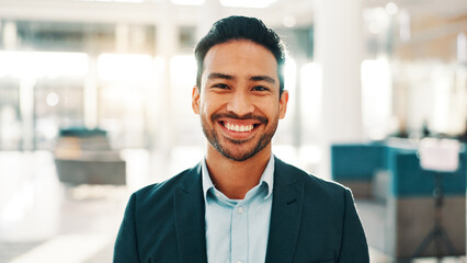 Portrait, business and man with smile in lobby for bookkeeping, about us and accounting job. Happy,...