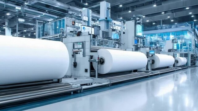 Modern paper manufacturing facility showcasing large rolls of white paper on production line