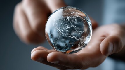 A hand holds a transparent globe with network connections, symbolizing global connectivity and technology.