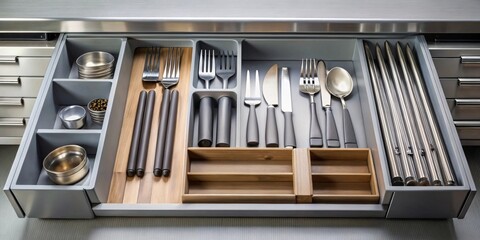 Obraz premium Organized Kitchen Utensil Drawer with Wooden Inserts and Gray Dividers