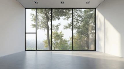 Fototapeta premium Modern empty room interior design with large window and forest view gray wall calm home trees space