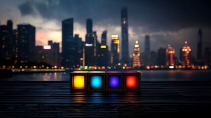 Obraz premium Colorful illuminated blocks on a wooden dock overlooking a vibrant city at night