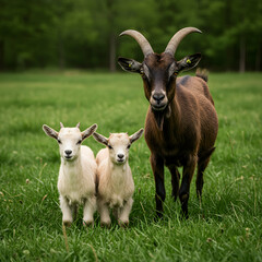 Adorable Goat Family in Lush Green Pasture