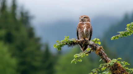 Brown Wood Owl Perched on Branch, Forest