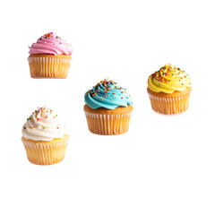 Floating cupcakes with colorful icing and sprinkles, PNG