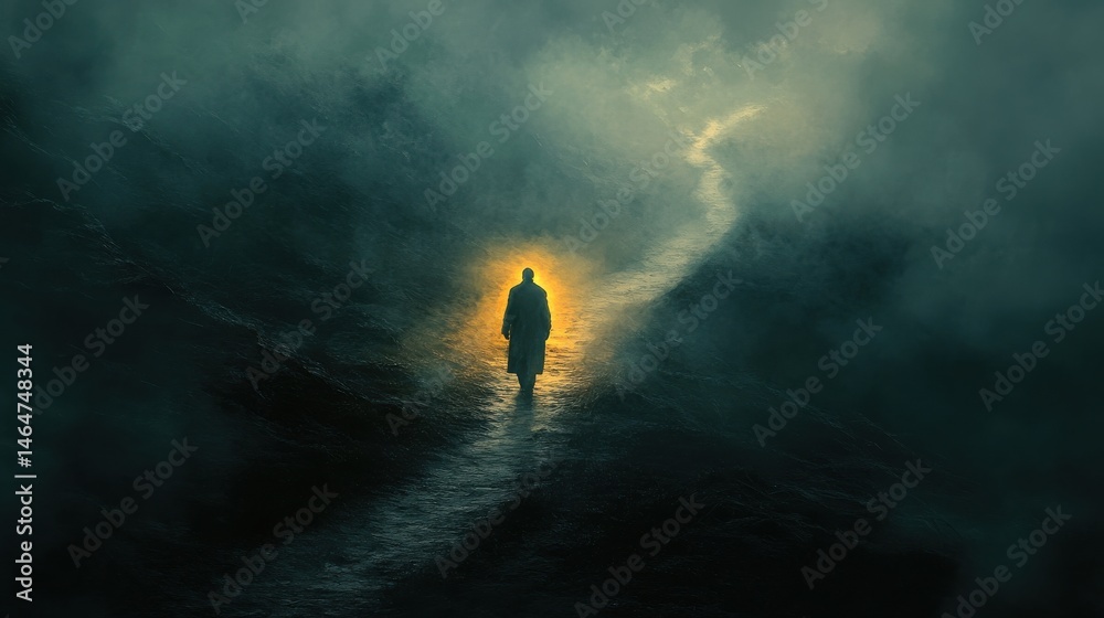 Wall mural a man holding a lantern that illuminates a tiny patch of a pitch-black path, with the rest of the ro
