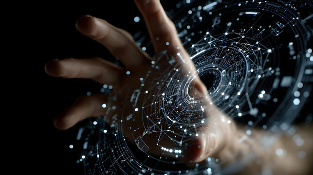 The intricate network of the digital age unfolds around a hand reaching out for interaction with data