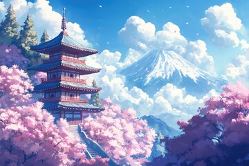A serene Japanese pagoda amidst cherry blossoms, with a snow-capped mountain in the background