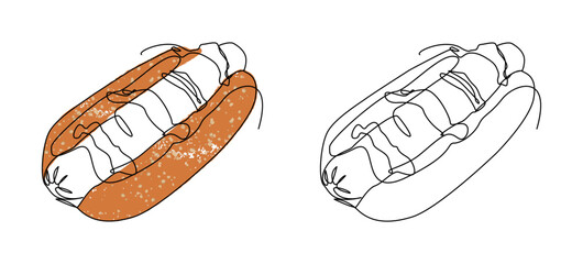 Hand drawn continuous line illustration of a hot dog with sausage, bun and sauce. Available in outline and colored versions. Minimalist food art suitable for restaurant menus etc.