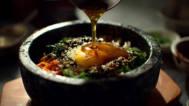 Preparing a Colorful Bibimbap Dish in Dark Stone Bowl