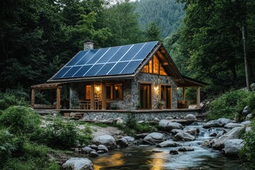 Fototapeta premium Picturesque mountain cabin with solar panels and flowing creek.