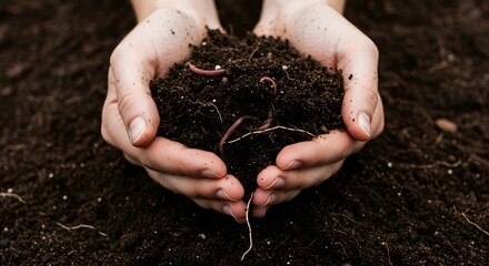 Hands holding soil with earthworms
