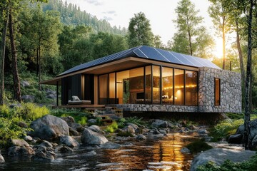 Fototapeta premium Modern cabin nestled in a serene forest setting.