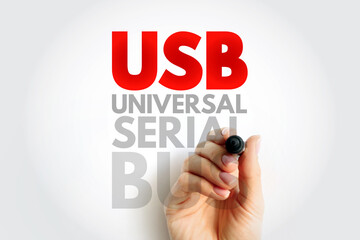 USB Universal Serial Bus - common interface that enables communication between devices and a host controller, acronym text concept background