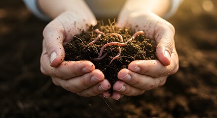 Hands holding soil with earthworms