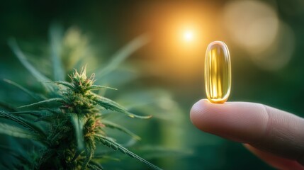 Obraz premium Delicate Hand Holding a Golden Capsule Against a Natural Green Background with Sunlight Glowing through Soft Focused Plants