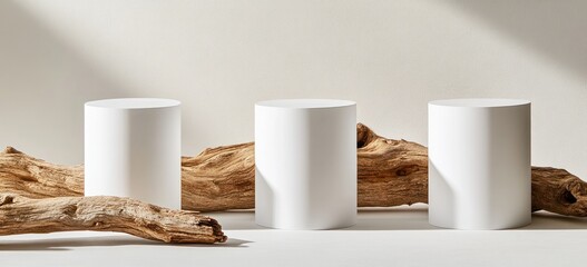 Three blank white cylinder displays, accented by driftwood