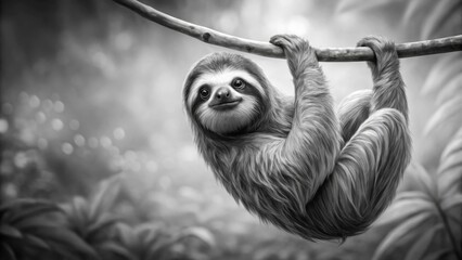 A Monochromatic Portrait of a Three-Toed Sloth Hanging Peacefully from a Branch in a Lush, Verdant Forest
