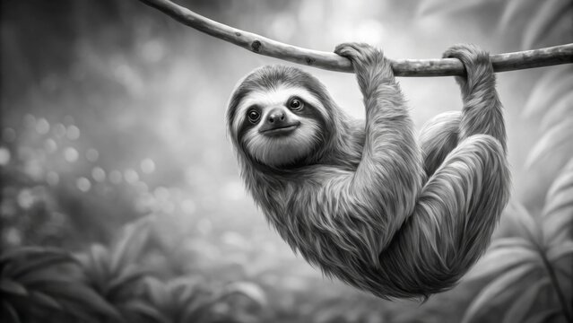 A Monochromatic Portrait of a Three-Toed Sloth Hanging Peacefully from a Branch in a Lush, Verdant Forest