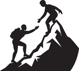 helping friend reach the mountain silhouette, black and white silhouette, vector and illustration