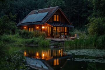 Obraz premium Rustic cabin reflecting in still water at twilight.