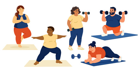 Diverse group of plus size men and women exercising with dumbbells and yoga mats in different workout poses promoting body positivity and fitness.Healthy lifestyle,self care concept.Vector design