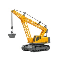Yellow toy crane construction machine on white background