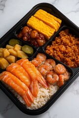 A bento box meal featuring shrimp, rice, corn, pickles, sauteed potatoes, seasoned meatballs, and fried rice on a marble background.