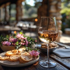 Elegant Wine and Appetizers Arrangement on Outdoor Table