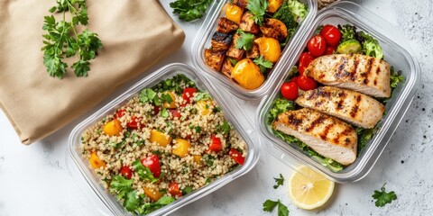 National Brown-Bag It Day Healthy meal prep with grilled chicken, quinoa salad, and roasted vegetables in containers