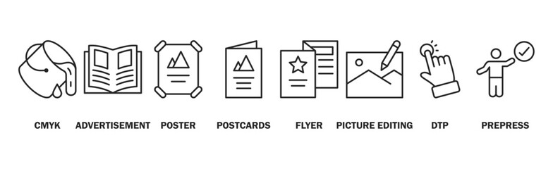 Print banner web icon vector illustration concept with icon of cmyk, advertisement, poster, postcards, flyer, picture editing, dtp, and prepress