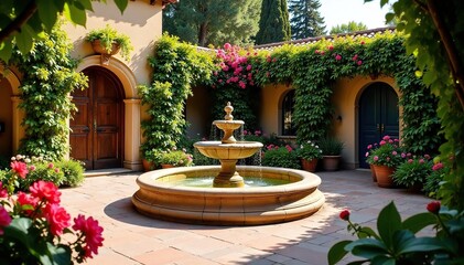 Fototapeta premium Andalusian patio garden, vibrant flowers, Sevilla fountain , plants, Spain