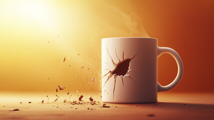 A white mug with a large crack, steam rising, surrounded by broken pieces on a wooden surface.