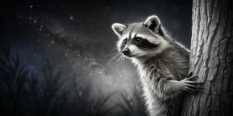 Obraz premium Nocturnal mammal clinging to tree trunk under a starry night sky, fur detailed, monochrome palette